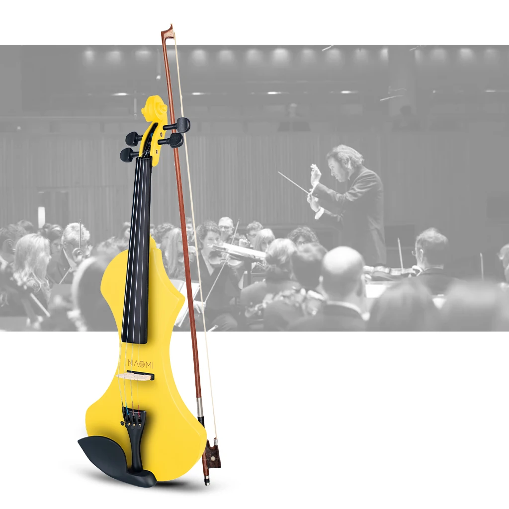 4/4 Безшумен Набор от Електрически Дървени Цигулки-Цигулка V1YE Жълт Цвят с лък от Бразилско Дърво+Струни за цигулка+Colophony+ Чанта за носене+Кленов мост Изображение  3