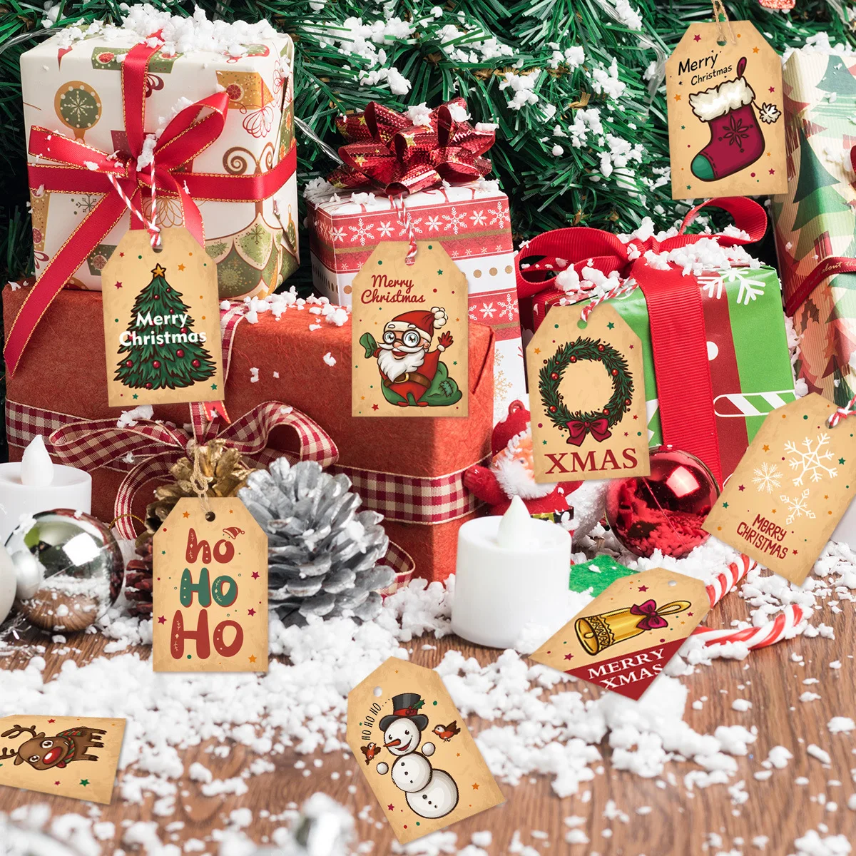 48ШТ Коледни Хартиени Етикети за бродерия С Въже на Коледна Елха, Висящи Коледни Етикети 2021 Навидад Ноел Опаковъчна хартия САМ Доставка Изображение  2