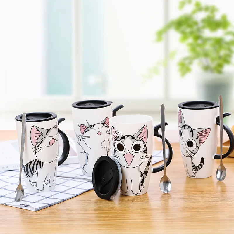 600 мл Керамични Кафеена чаша със сладка котка с капак за Чаши за животни с Голям капацитет Креативна посуда за напитки, чаши за Кафе, за чай Подаръци Чаша за мляко KEDICAT Изображение  0