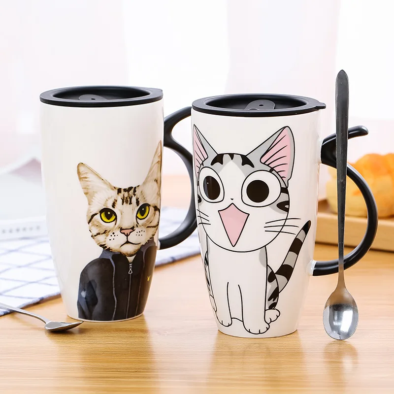 600 мл Керамични Кафеена чаша със сладка котка с капак за Чаши за животни с Голям капацитет Креативна посуда за напитки, чаши за Кафе, за чай Подаръци Чаша за мляко KEDICAT Изображение  2