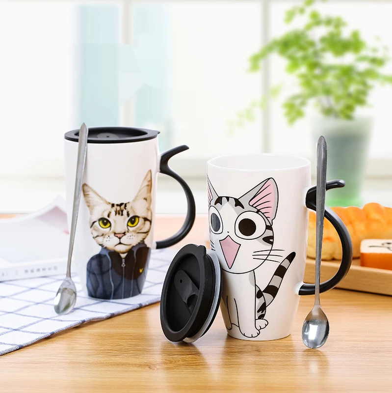 600 мл Керамични Кафеена чаша със сладка котка с капак за Чаши за животни с Голям капацитет Креативна посуда за напитки, чаши за Кафе, за чай Подаръци Чаша за мляко KEDICAT Изображение  4