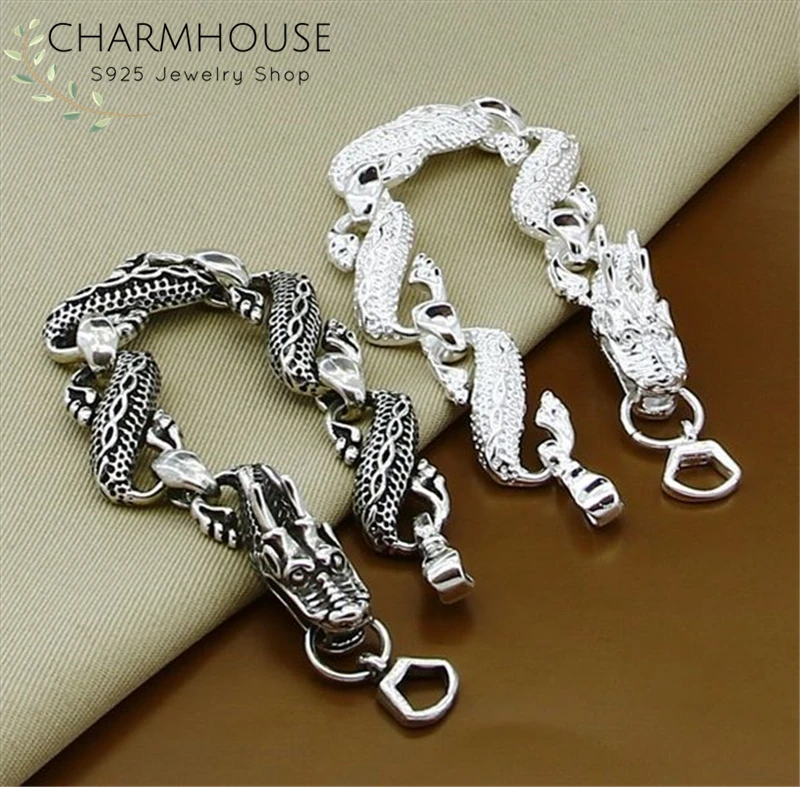 Charmhouse бижута от сребро за мъже Black/Сребърна Гривна-верижка с Дракон и Гривни, 2 бр. Двойки Комплект бижута Pulseira Изображение  1
