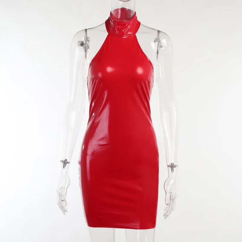 Viifaa на Оглавник Врата ИЗКУСТВЕНА Кожа Секси Рокли за жени Вечерни дрехи от Плътен Цвят с отворен гръб Дебнещ нощно мини-рокля Изображение  0