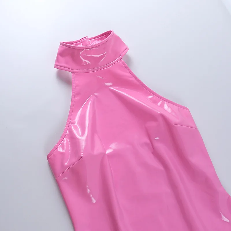 Viifaa на Оглавник Врата ИЗКУСТВЕНА Кожа Секси Рокли за жени Вечерни дрехи от Плътен Цвят с отворен гръб Дебнещ нощно мини-рокля Изображение  5