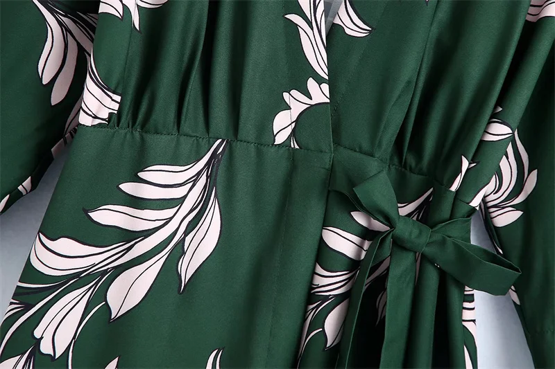 Буйни и свободни женски цветни рокли в стил саронг с принтом2021 Есен/Зима Зелена мода талия Улични копчета с V-образно деколте Дамски пола-риза Изображение  2
