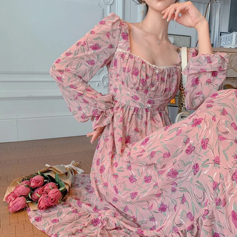Пролетта женствена рокля с цветен модел със средна дължина Рокля с френско-квадратна яка, с дълга цепка и дълги ръкави с жемчужными бутони рокля 2021 Изображение  3