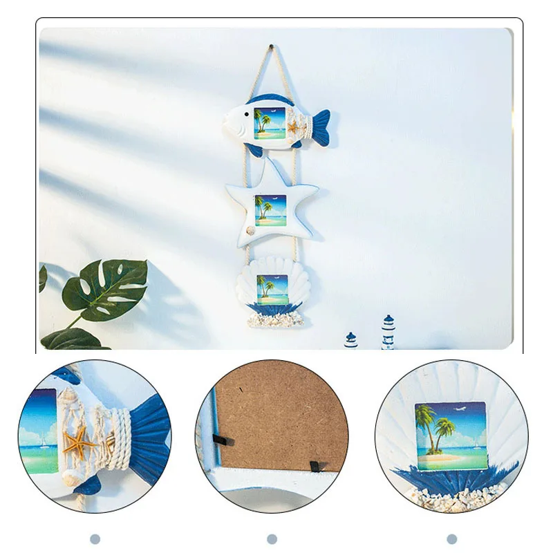Средиземноморският стил Океана 3 в 1 Стенни дървена фоторамка креативна Детска стая-декорация на стените Модел морска звезда във формата на миди Изображение  3