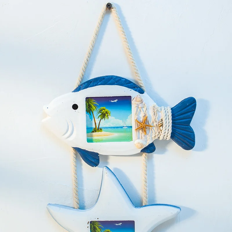 Средиземноморският стил Океана 3 в 1 Стенни дървена фоторамка креативна Детска стая-декорация на стените Модел морска звезда във формата на миди Изображение  4