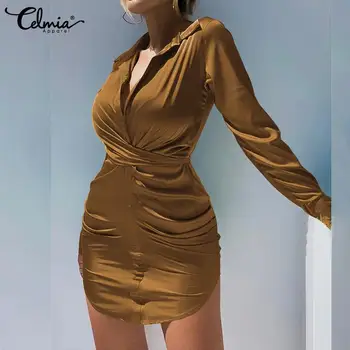 Celmia Секси прилепнали мини рокли 2022 За жени Елегантни Дълги ръкави, с отворотами Сатенени рокли, Ежедневни плисирана риза с талия хавлия