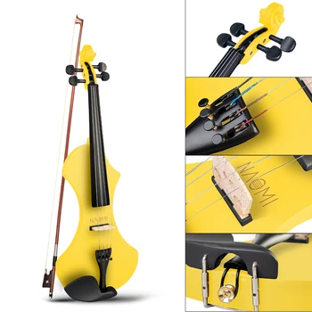 4/4 Безшумен Набор от Електрически Дървени Цигулки-Цигулка V1YE Жълт Цвят с лък от Бразилско Дърво+Струни за цигулка+Colophony+ Чанта за носене+Кленов мост