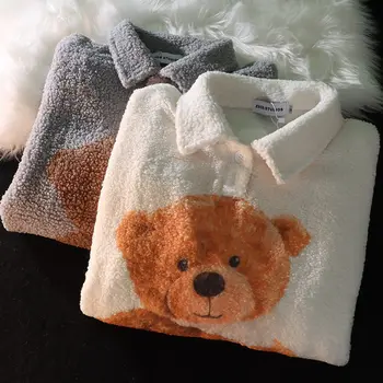 Реколта hoody с принтом мечка от изкуствена овча вълна Дамски зимни риза с къси ръкави за тийнейджъри Kawaii Облекло Козметична корейската мода Y2K Върховете