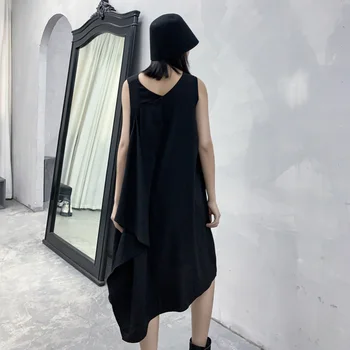 Нарушения на сърдечния мозайка черна рокля-жилетка с отворен гръб, женски Нова рокля без ръкави с V-образно деколте, модерно свободно ежедневното елегантна винтажное рокля, Лято 2021