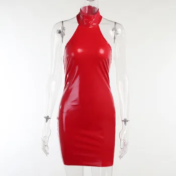 Viifaa на Оглавник Врата ИЗКУСТВЕНА Кожа Секси Рокли за жени Вечерни дрехи от Плътен Цвят с отворен гръб Дебнещ нощно мини-рокля