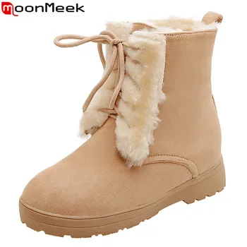 MoonMeek 2020 нови зимни топли модерен зимни обувки дантела на ниски обувки с кръгло бомбе обувки за почивка женски ботильоны голям размер 33-50