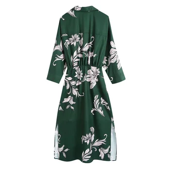 Буйни и свободни женски цветни рокли в стил саронг с принтом2021 Есен/Зима Зелена мода талия Улични копчета с V-образно деколте Дамски пола-риза