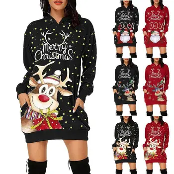 Коледна рокля За жени, Плюс Размер Рокля с дълги ръкави, за да дам за момичета Празнични искри 2021 Мини пуловер с качулка Рокля
