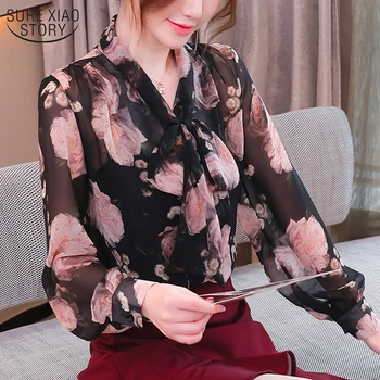 Шифоновая блуза с дълъг ръкав, лък, V-образна яка, цветен прозрачен топ, Дамски Новите есенно-зимни дамски ризи с корейски принтом 11401