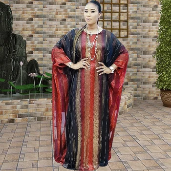 Най-новите Африкански Макси рокля за жените с кръгла яка и дълъг ръкав Прилеп Boubou Africain Femme Boho Халат на райета, с принтом Вечерни рокли
