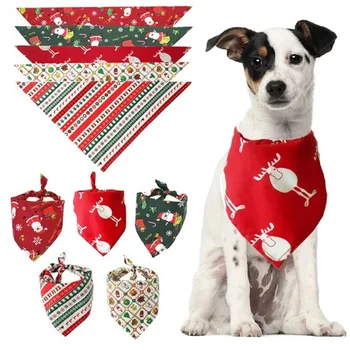 Коледен нашийник за домашни любимци с банданами за кучета, котки, памучни триъгълни престилки, яка-шал с принтом на Дядо Коледа за аксесоари за малки кученца