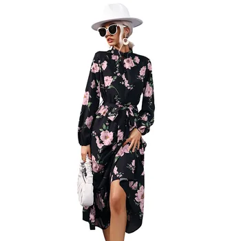Луксозно модно елегантна женствена рокля с флорални принтом 2022 година, Пролет и есен, Нови черни шифоновые рокля с високо деколте и дълги ръкави