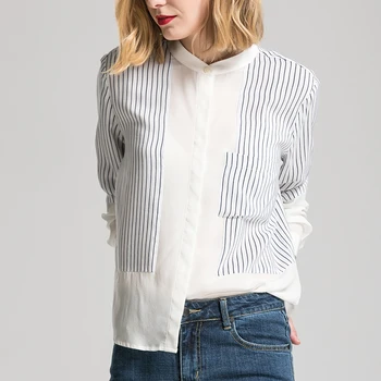 Дамски коприна блуза от естествена коприна с дълги ръкави в ивица с принтом ежедневни блузи с един джоб Офис женска риза 2022 Пролет