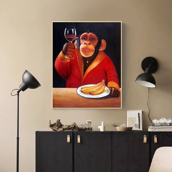 Господин Маймуна с чаша вино Платно Живопис Стенно изкуство, Банани Плакати и щампи Горила в облеклото Снимки за хол