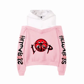 Kawaii Helluva Boss Качулки с открити рамене Hoody 2021 с принтом Дамски ежедневни пуловери Kawaii Розови дрехи за момичета