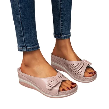 Дамски сандали 2021 Меки стелки, Ортопедични сандали с извита подкрепа Дамски обувки на танкетке на платформата Дишащи сандали Femmes Интегрирана