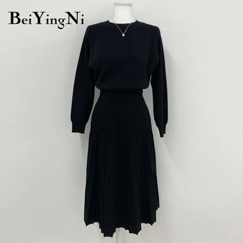 Beiyingni Корейското красива рокля midi-Секси елегантна рокля с кръгло деколте и зоните на Ежедневните нагънат пуловери, дамски Рокли с дълъг ръкав Vestidos Женски