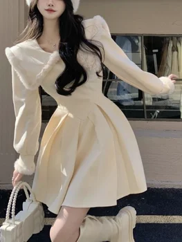 Сладко Кавайное мини рокля Женски Ежедневното 2022 Пролет Корейската мода Облечи чисти цветове, с Елегантен дизайн на Рокля с дълъг ръкав Женски шик