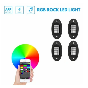 4шт RGB LED Rock Светлини Комплект Автомобилни атмосферни лампи за камион с висока проходимост Suv ATV 4x4 Музикално приложение за Управление на тиган Светлинен Отпечатък стенд