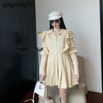 Gaganight една модерна женствена рокля-риза с дълъг ръкав Однотонное Плюс размера на Дамски шик корейски рокли с волани Vestidos с колан Дропшиппинг