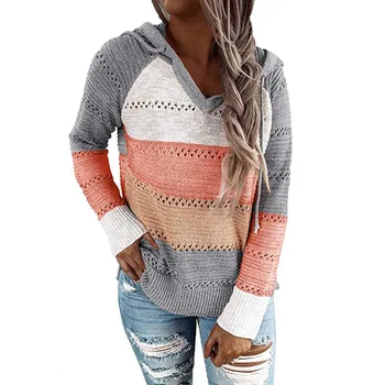 DANJEANER Шарен пуловер с качулка Женски цветен лоскутный пуловер Плюс Размер Выдалбливают пуловери с V-образно деколте Женски пуловер възли качулки