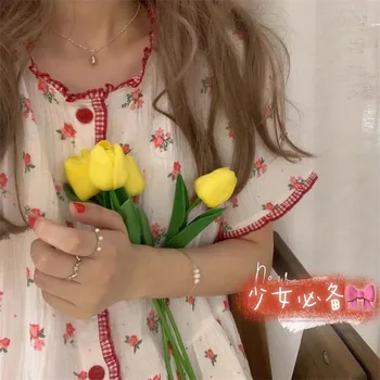 Сладки памучни дрехи За жени за момичета, Корея нощен дрехи с флорални принтом Лято 2021 Пижами Лейси нощница с къс ръкав на Нощната риза за дами