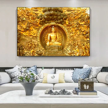 Снимки на Художествени Плакати, Отпечатани върху Платно със Статуи на Буда В Златен Цвят, се Използват Като Художествени Орнаменти за Мебелите за Дневна
